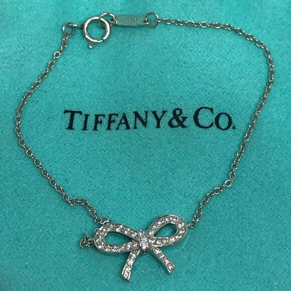 Tiffany Diamond Bow Ribbon Bracelet Platinum PT950 Auth
